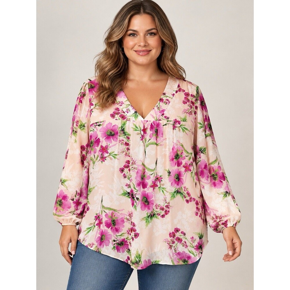 Marybelle Size 2X Womens Top Pink Floral Sheer Lined Pleated Flowy Blouse